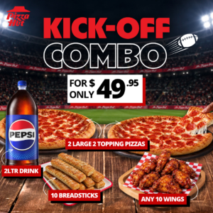 Kick Off Combo: two large 2-topping pizzas, 10 breadsticks, 10 wings and a 2-litre drink for KYD $49.95